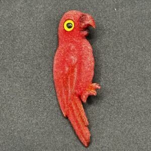 Vintage Red Parrot Brooch Pin Flocked Fuzzy